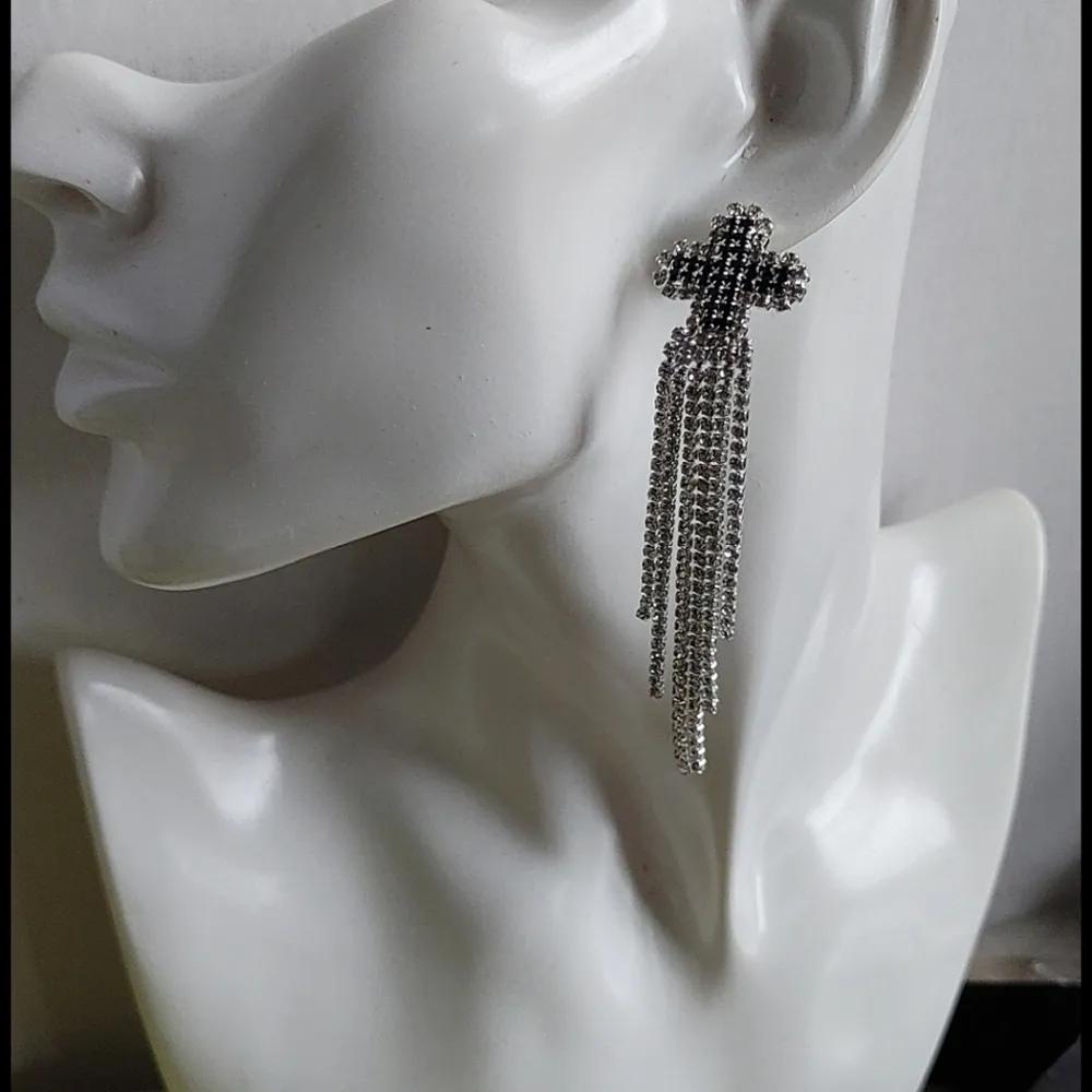 Silver Crystal Rhinestone Cross Tassel Earrings - Image 4