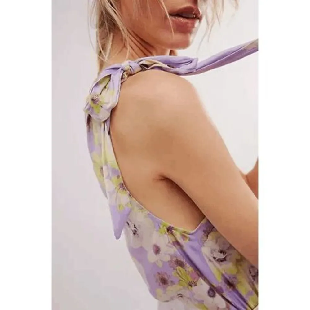 Free People Lavender One Shoulder Floral Silky Tie Shoulder Bodysuit Small NWOT - Image 10