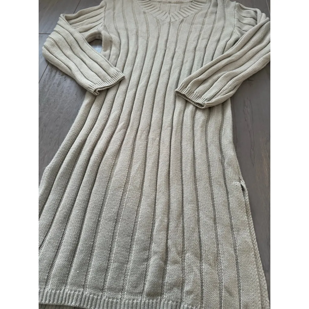 Women's DAZY Beige Ribbed Knit Long Sleeve midi Dress M Tan Size M - Image 2
