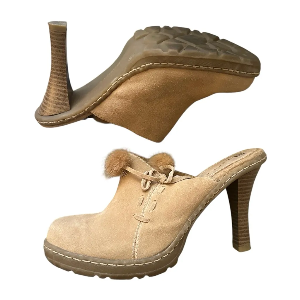 Vintage Y2K Ellemenno “Puffy” suede and rabbit fur platform mules Tan Size 8.5 - Image 2