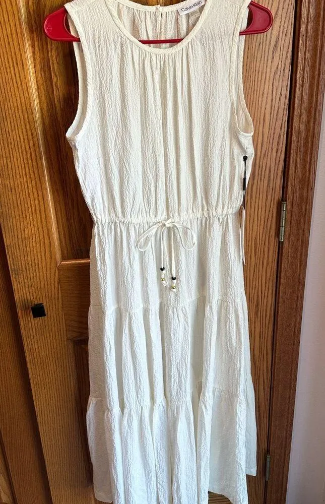 Calvin Klein Tiered A-Line Midi Dress Size 4 New NWT Crinkle Cream Material - Image 3
