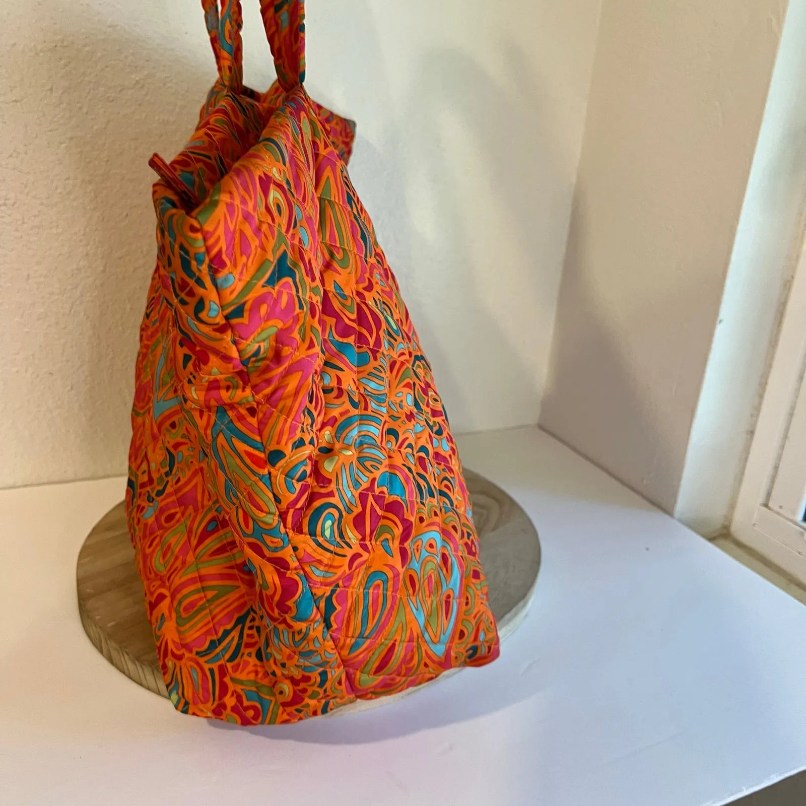 Orange Multi Colored Quilted Floral Printed Nylon Double Handle Zipper Tote Bag - Image 10