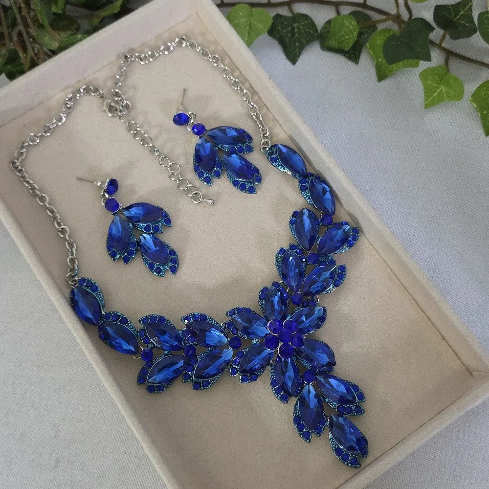 Statement Silver and Blue Floral Crystal Necklace and Earrings Set - Image 2