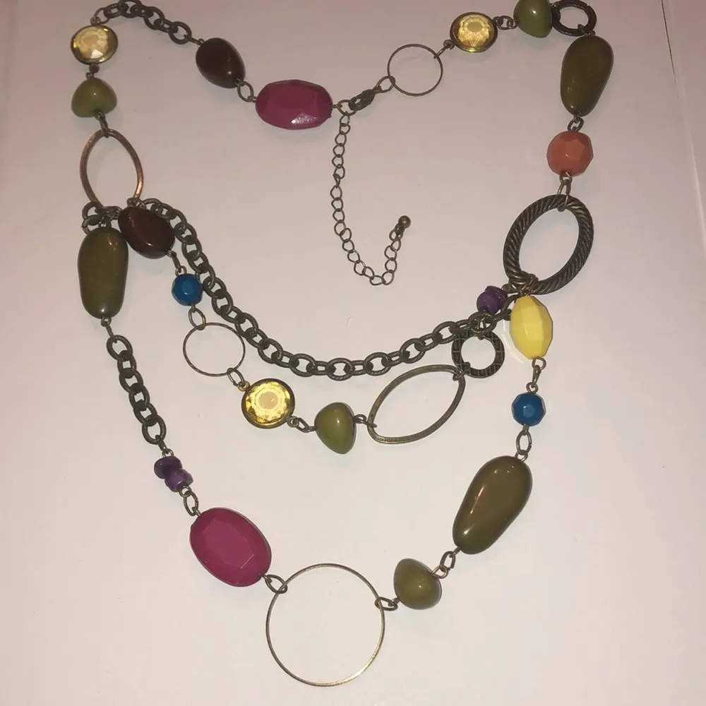 Brass Tone Colorful Multi Strand Beaded Boho Necklace - Image 4