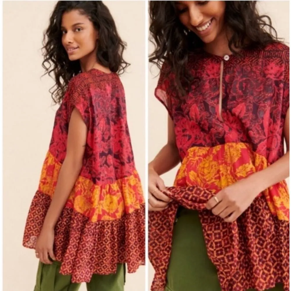 Free People Boho Red Warm Tones "Gotta Have You" Tiered Tunic Blouse Size XS - Image 11