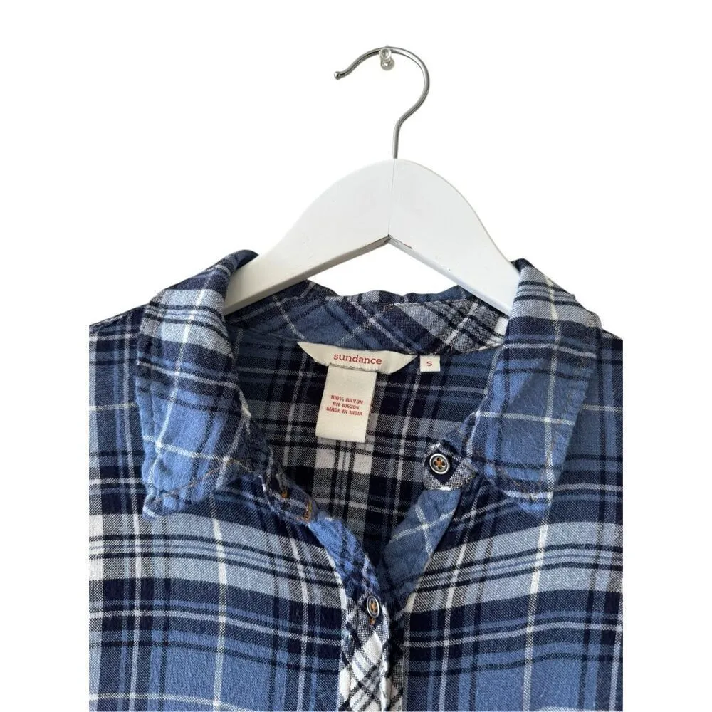 Sundance Flannel Button Up Shirt Long Sleeve Blue Plaid Flap Pockets  Sz S #2375 - Image 2