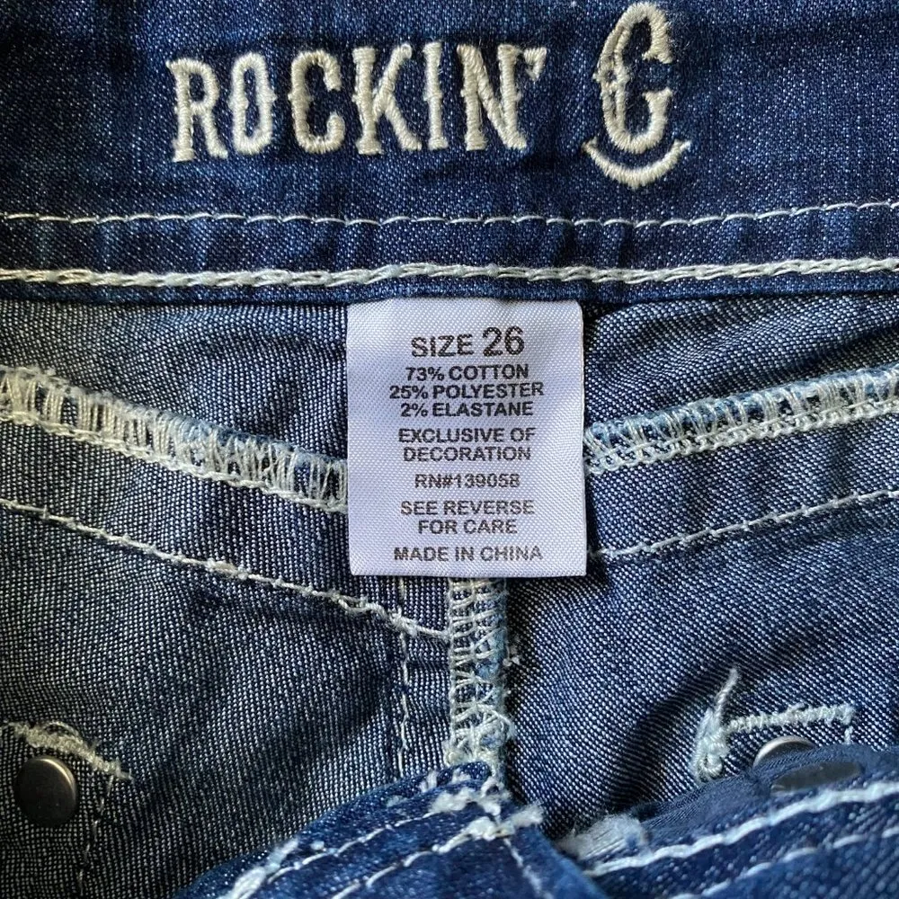 Rockin' C denim jeans women's size 26 (2) dark wash sequin bold stitching Blue - Image 9