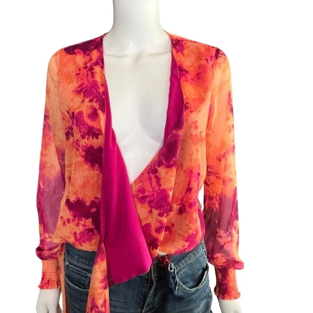 Bar III Tie Dye Wrap Blouse Pink Orange V-Neck Long Sleeve Sheer Boho Y2K Size S - Image 3