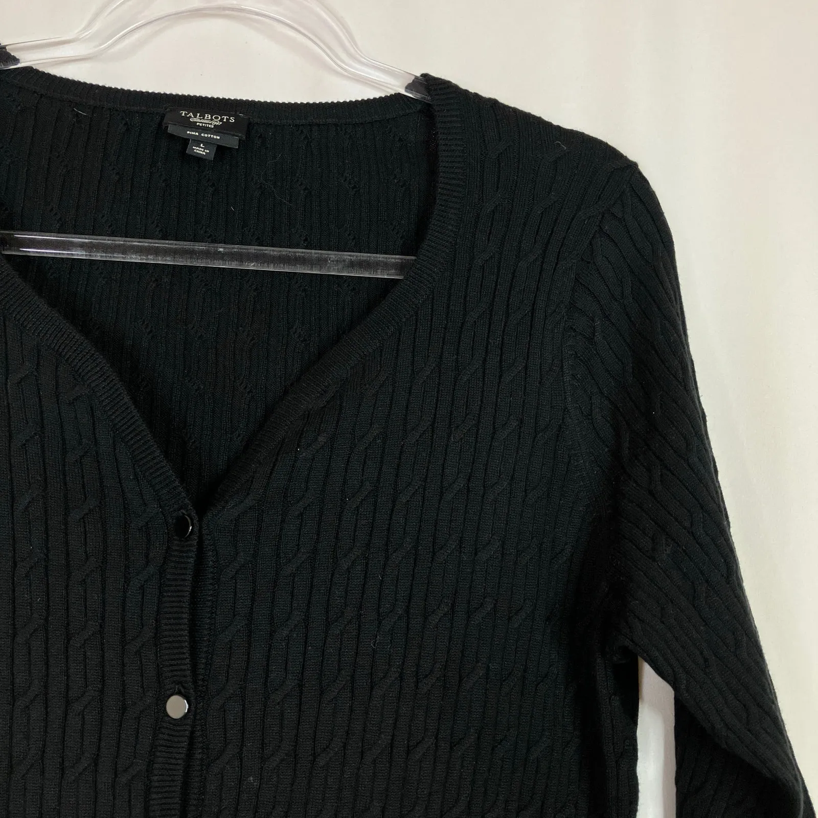Talbots Petite | Black Pima Cotton 3/4 Sleeve Cable Knit Cardigan Sweater LP - Image 2