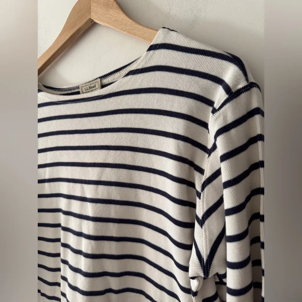 LL Bean Navy Blue and White Stripe 100% Cotton Long Sleeve Sweater Size L - Image 2