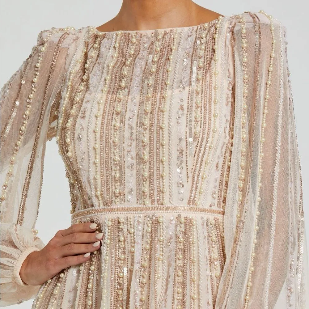 MAC DUGGAL 94081 Pink Boat Neck Long Sleeve Gown With Striped Beading - Image 4