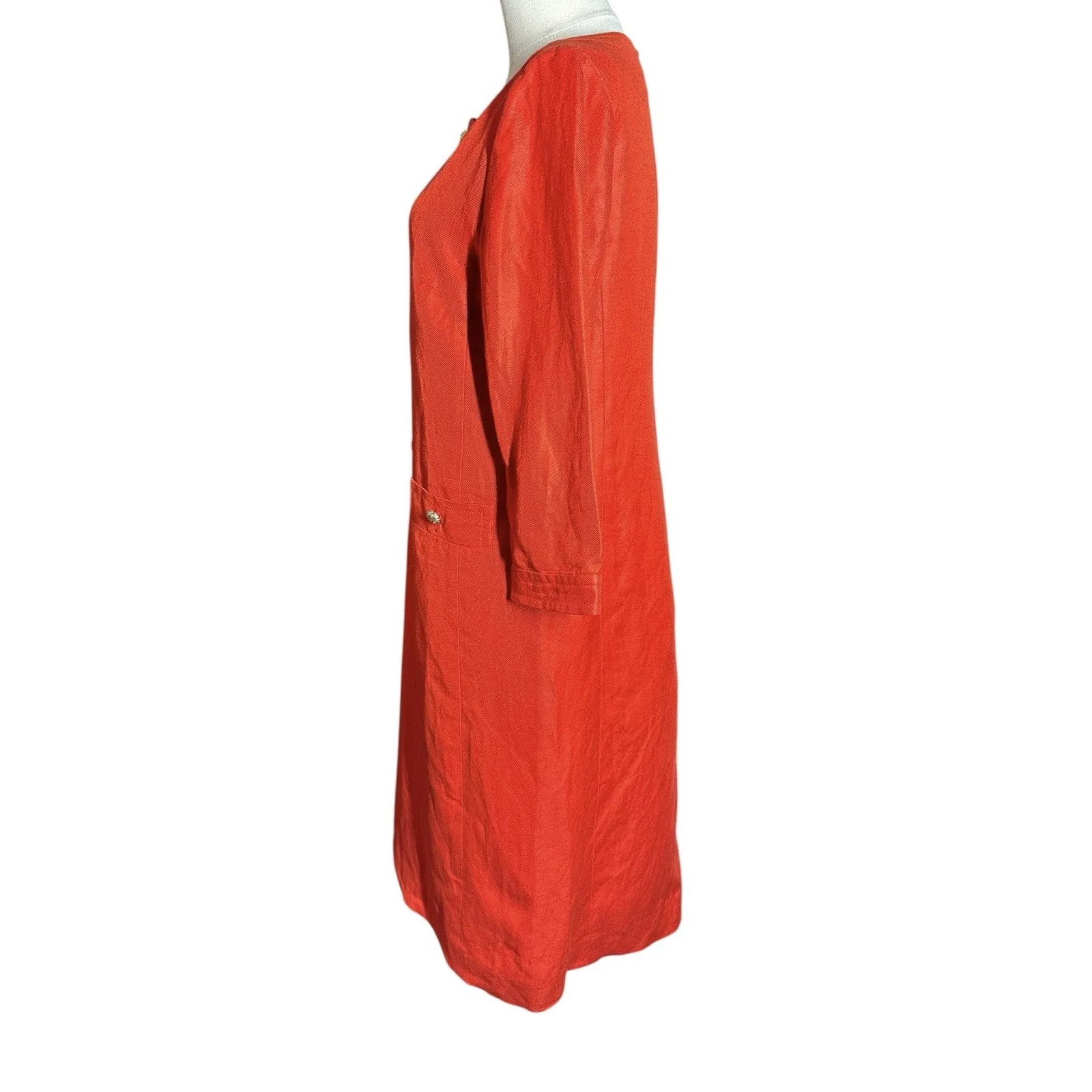 TALBOTS Dress Womens 6 Linen Blend 3/4 Midi Length Orange Gold Buttons Mod Lined - Image 3