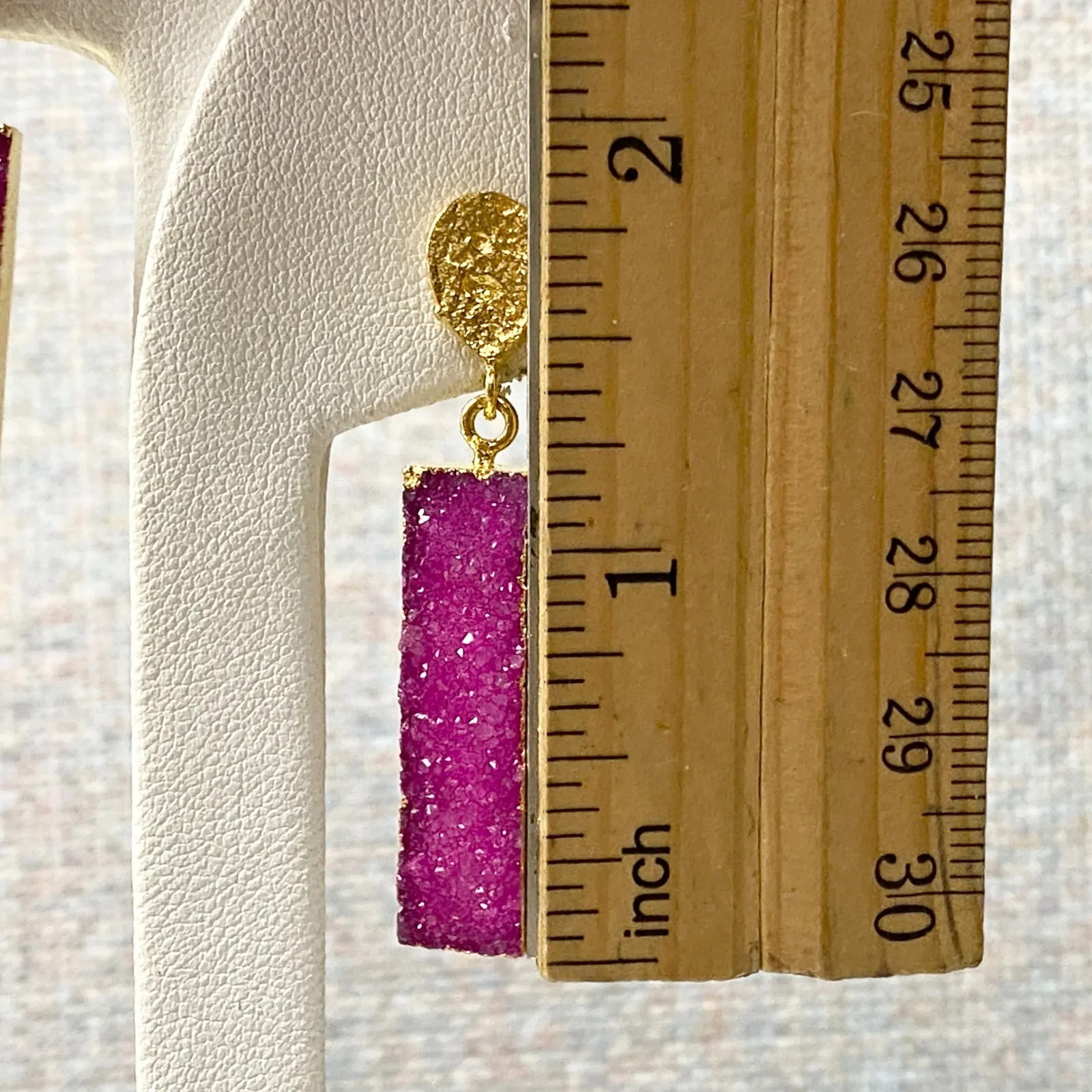 Sparkling Gold Plated Fuchsia Pink Druzy Bar Gemstone Dangle Statement Earrings - Image 2