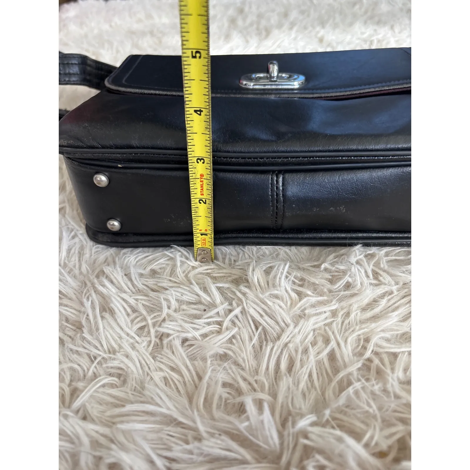 Vintage Black Leather Box Crossbody or Shoulder Bag Flap Close Silver Hardware - Image 11