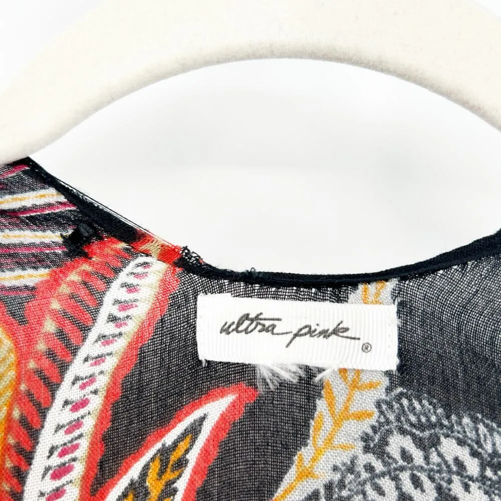 Ultra Pink Dark Boho Fringe Tropical Leaf Kimono Wrap Cardigan Beach Cover Up OS - Image 2