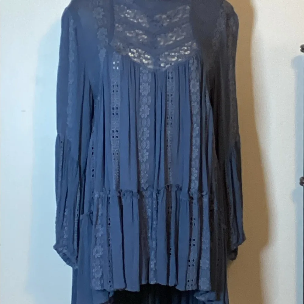 FREE PEOPLE KISS KISS EMBROIDERED BOHO Lace Tunic/Dress DENIM BLUE SIZE S/P - Image 3