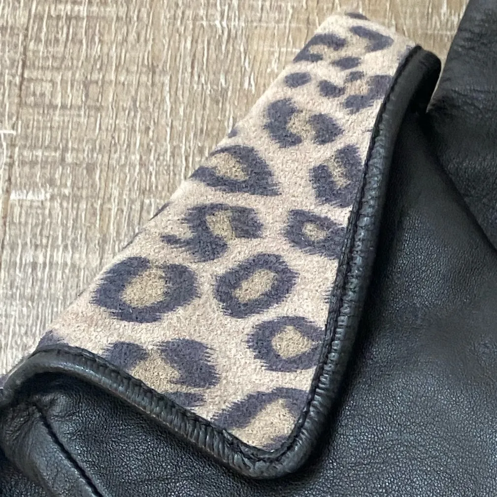 Black Genuine Leather Leopard Trim Gloves Fleece Lined Warm Winter Womens Small - Image 6