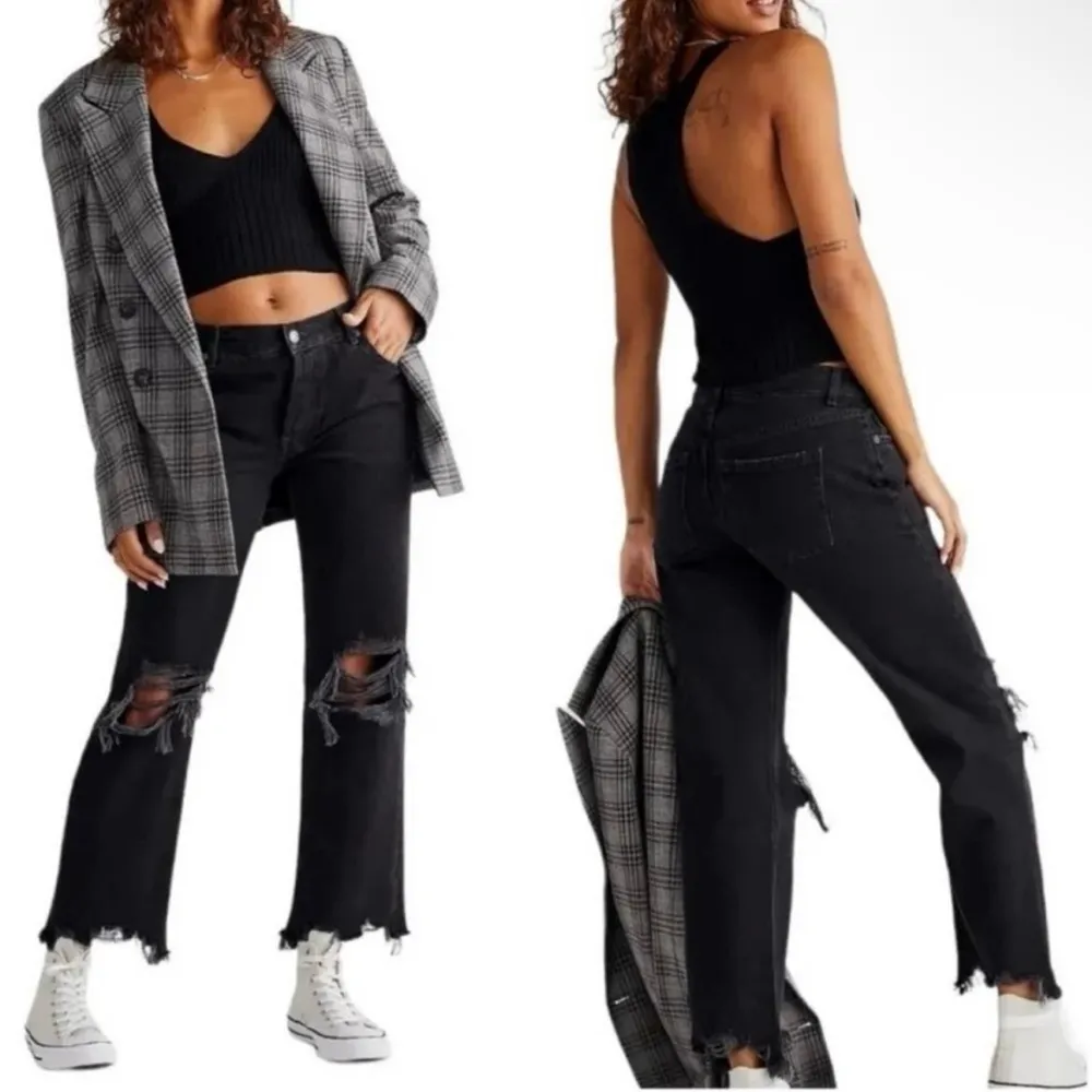 Free People Women's Maggie Straight Leg Jeans Black Mid Rise Distressed Sz 29 - Image 3