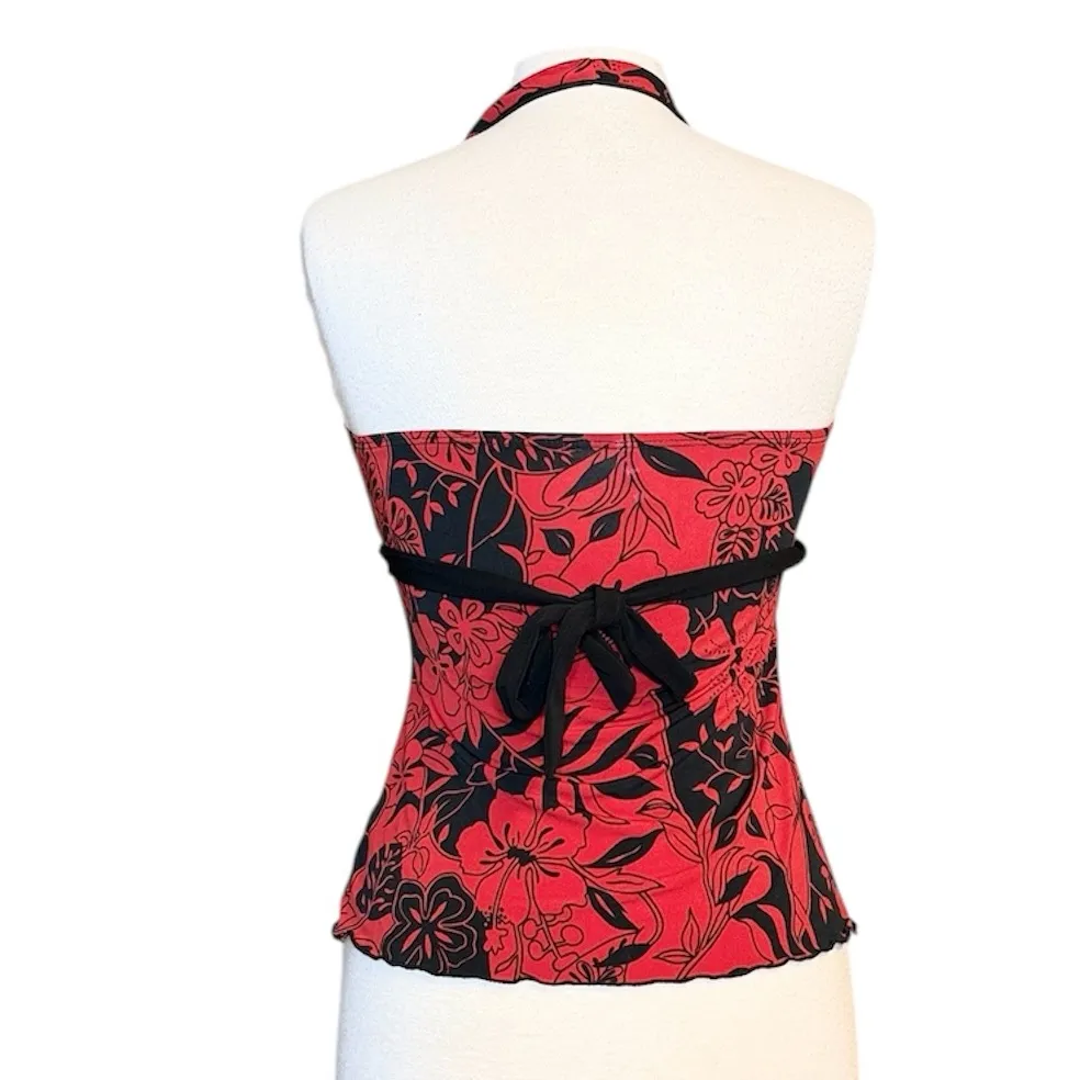 Tempted Y2K Halter Top Sleeveless Red Black Floral Asymmetrical M Medium S Small - Image 2