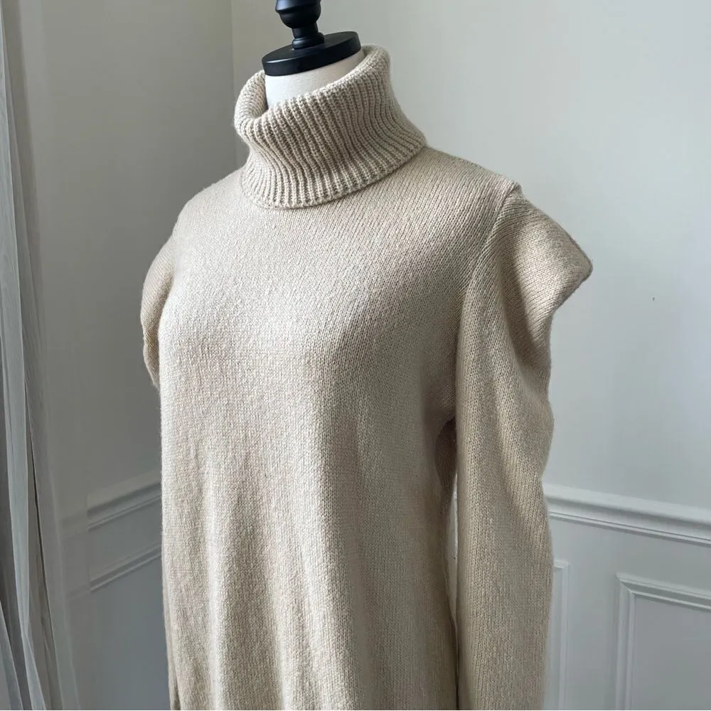 Nasty Gal Puff Shoulder Turtleneck Sweater Dress Beige Tan M - Image 6