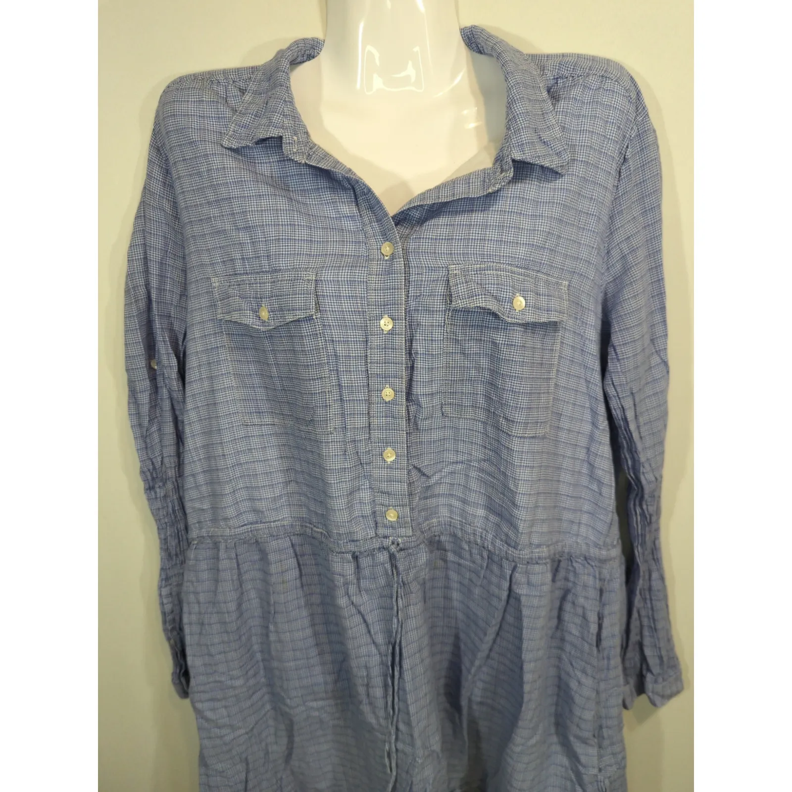 Gap Blue Plaid Mini Utility Pockets Drawstring Dress Womens Large Cottage Core - Image 2