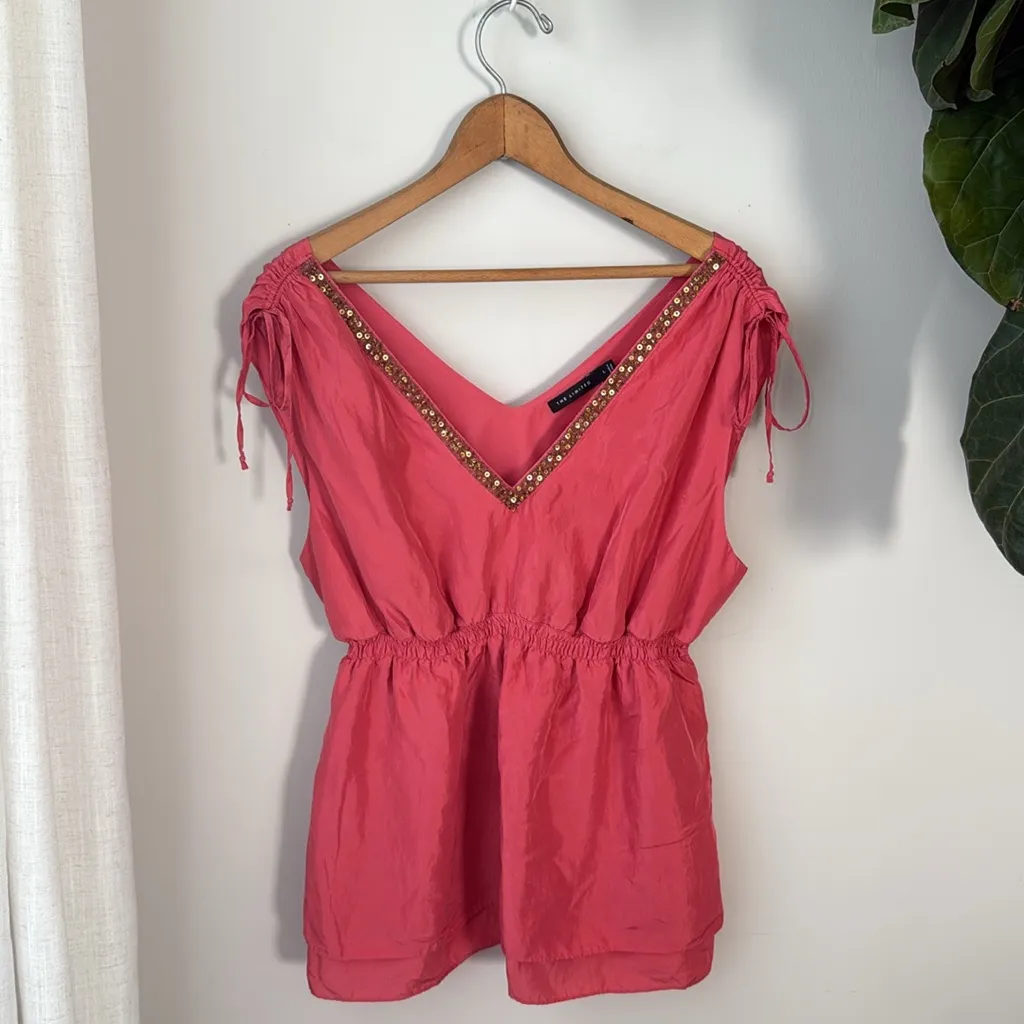 The Limited 100% Silk Coral Pink + Gold Beaded Layered Ruffle Blouson Tank Top - Image 2