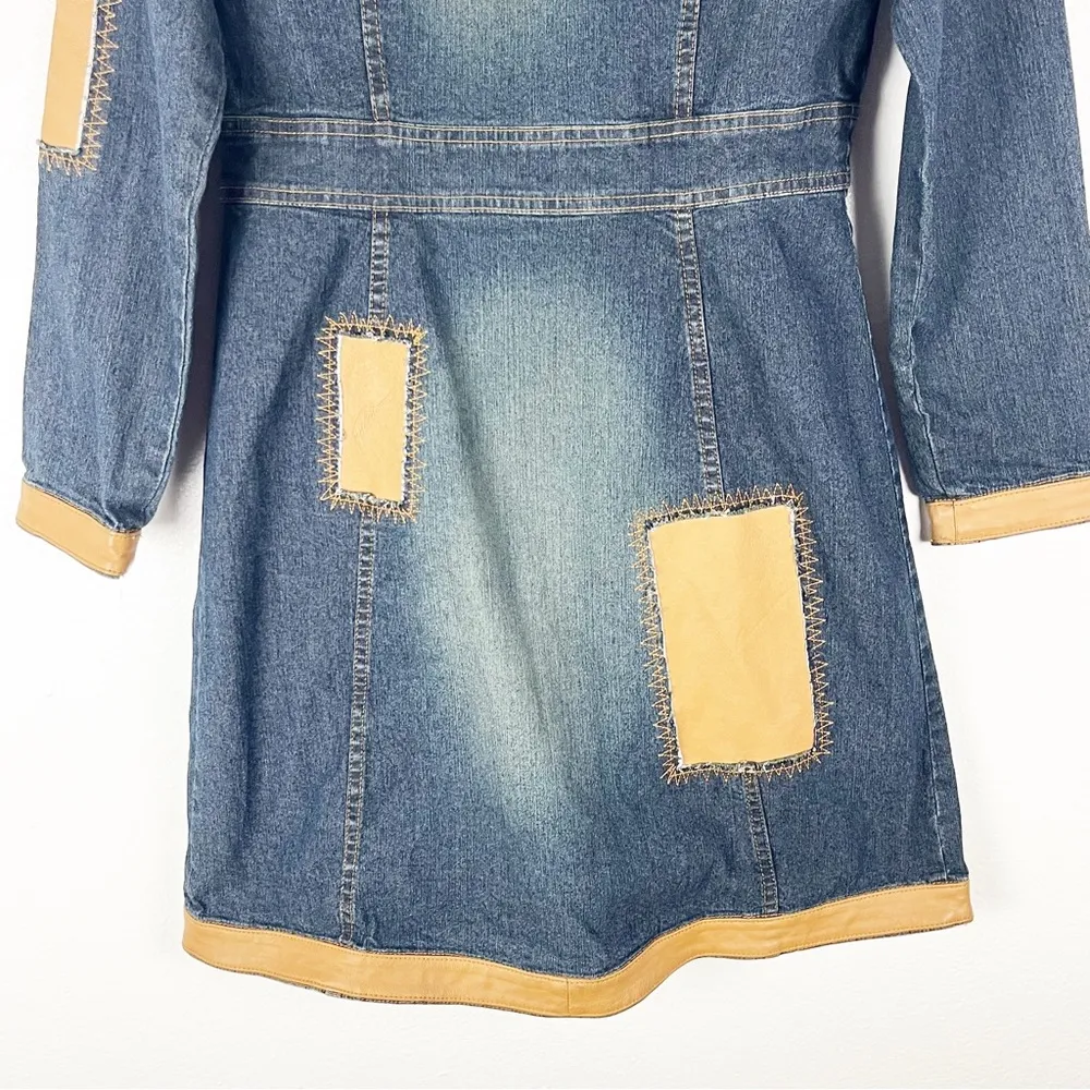 FUBU The Collection Patchwork Leather Trim Distressed Denim Coat, Size Small Tan - Image 8