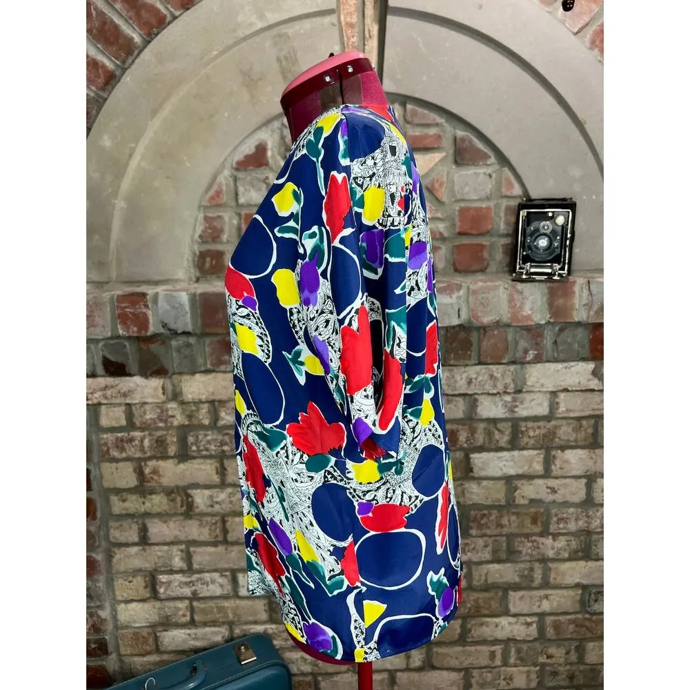 blouse abstract floral bright red blue yellow navy Size M - Image 4
