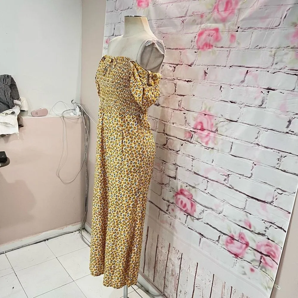 Faithfull the Brand Womens Floral Smocked Short Sleeve Yellow Crop Jumpsuit Sz 4 - Image 6