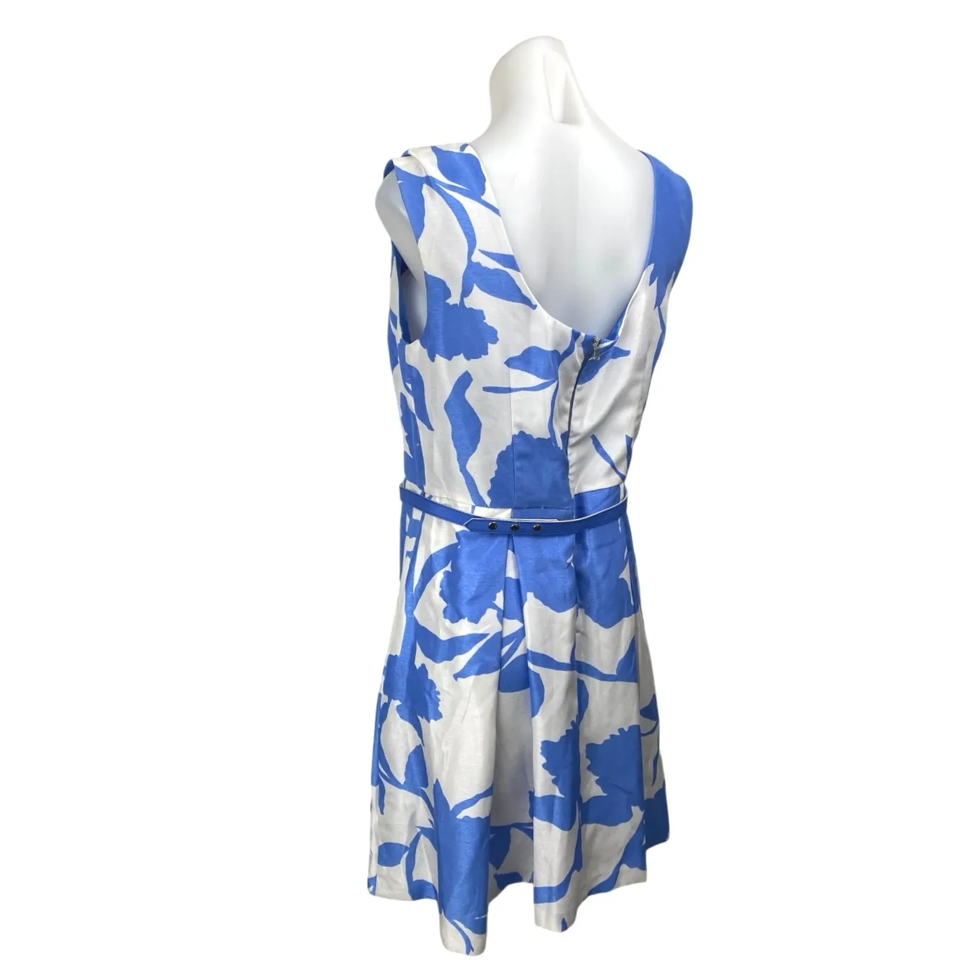 Julian Taylor White Blue Satin Floral Sleeveless Belt Mini Fit & Flare Dress 10 - Image 2