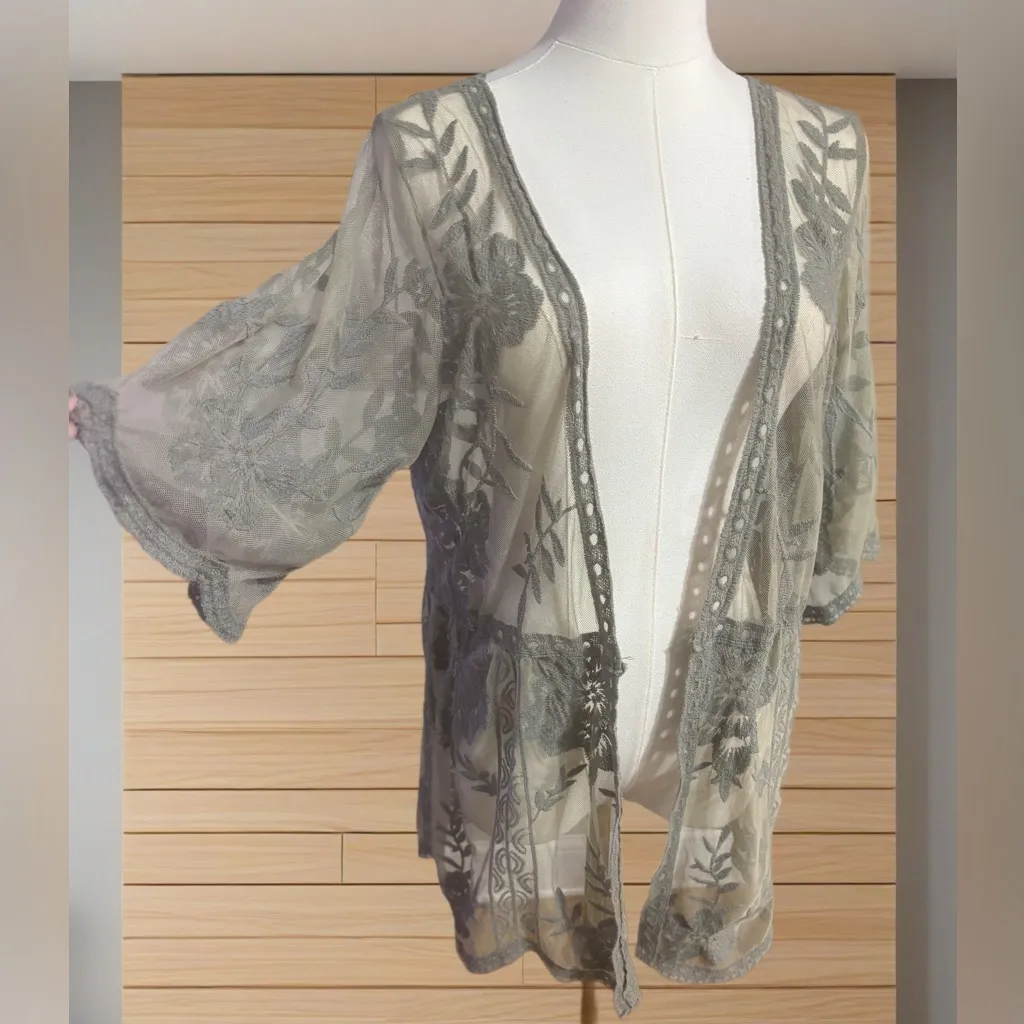 Boho Green Lace Embroidered Kimono Cardigan Cottagecore Fairycore Layering - Image 3