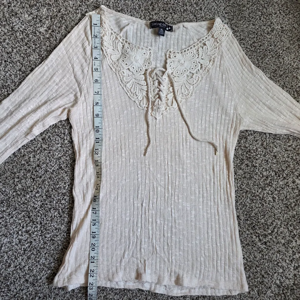 Living Doll Crochet Lace Lace-up Neckline Ribbed Long Sleeve Top Size XL Cream - Image 8