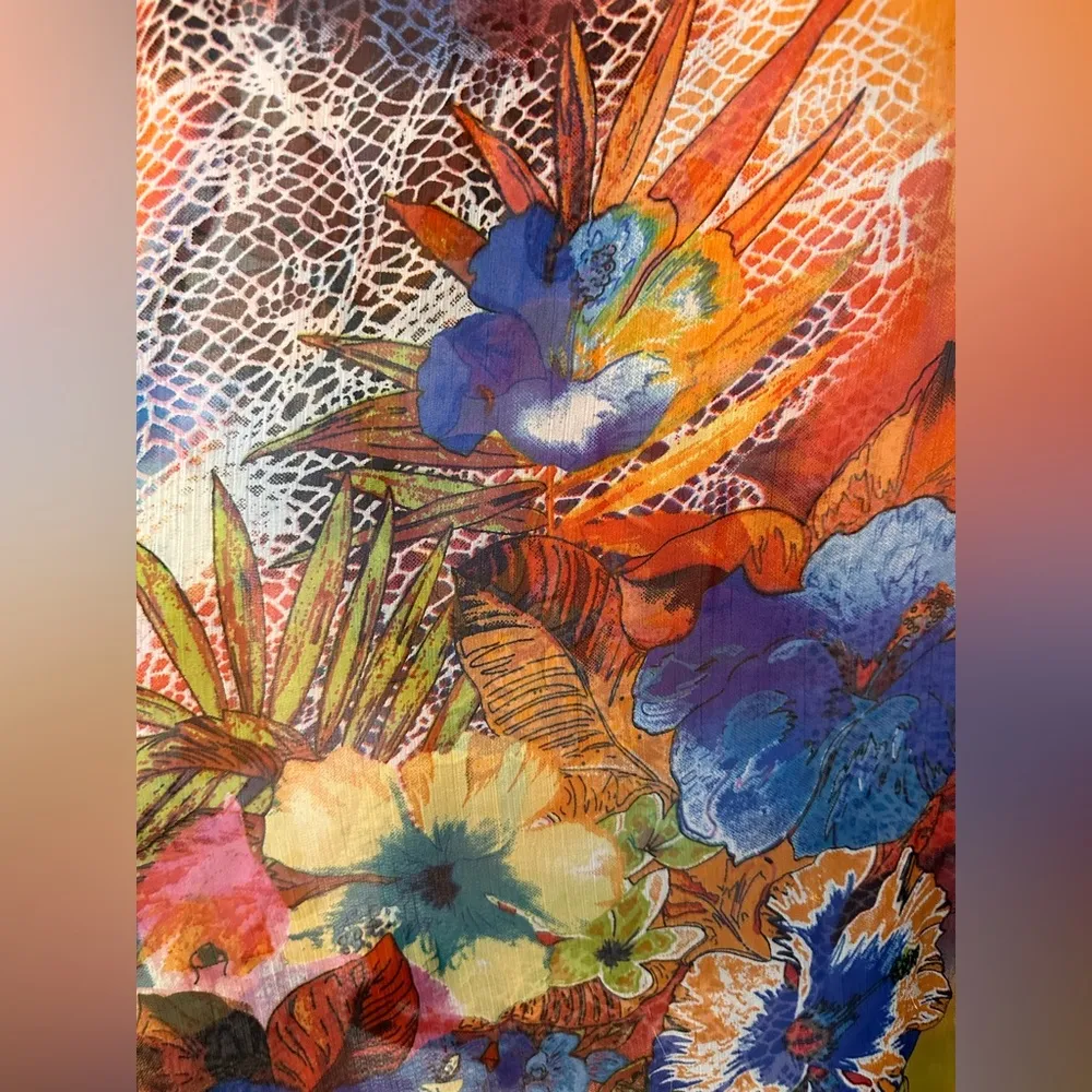 Fashion Fuse Orange and Blue Graphic Tie Front Blouse Beach Coverup Sheer - Image 3