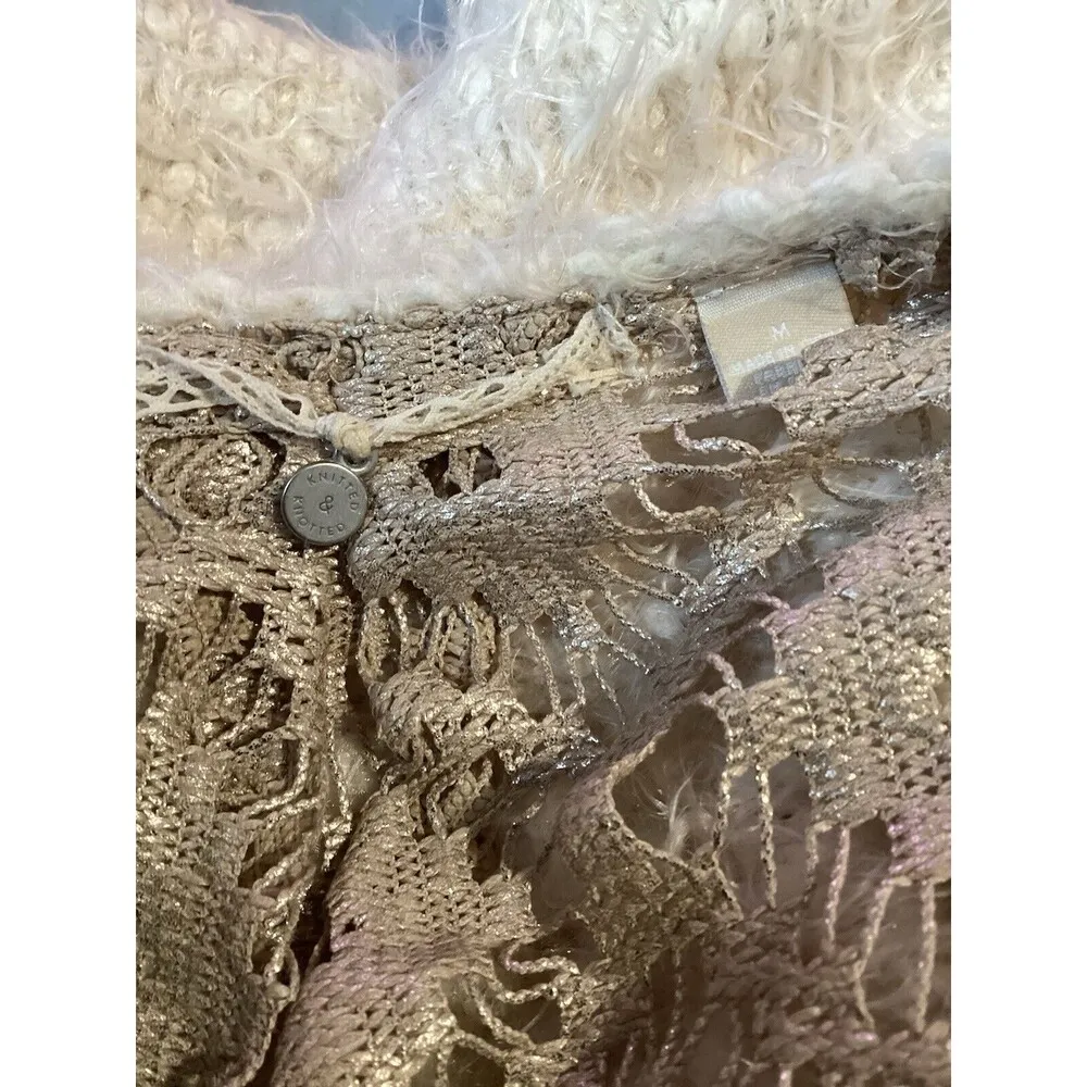 Knitted & Knotted Ivory Faux Fur Furry Open Front Cardigan Wool Cotton Blend M Size M - Image 6