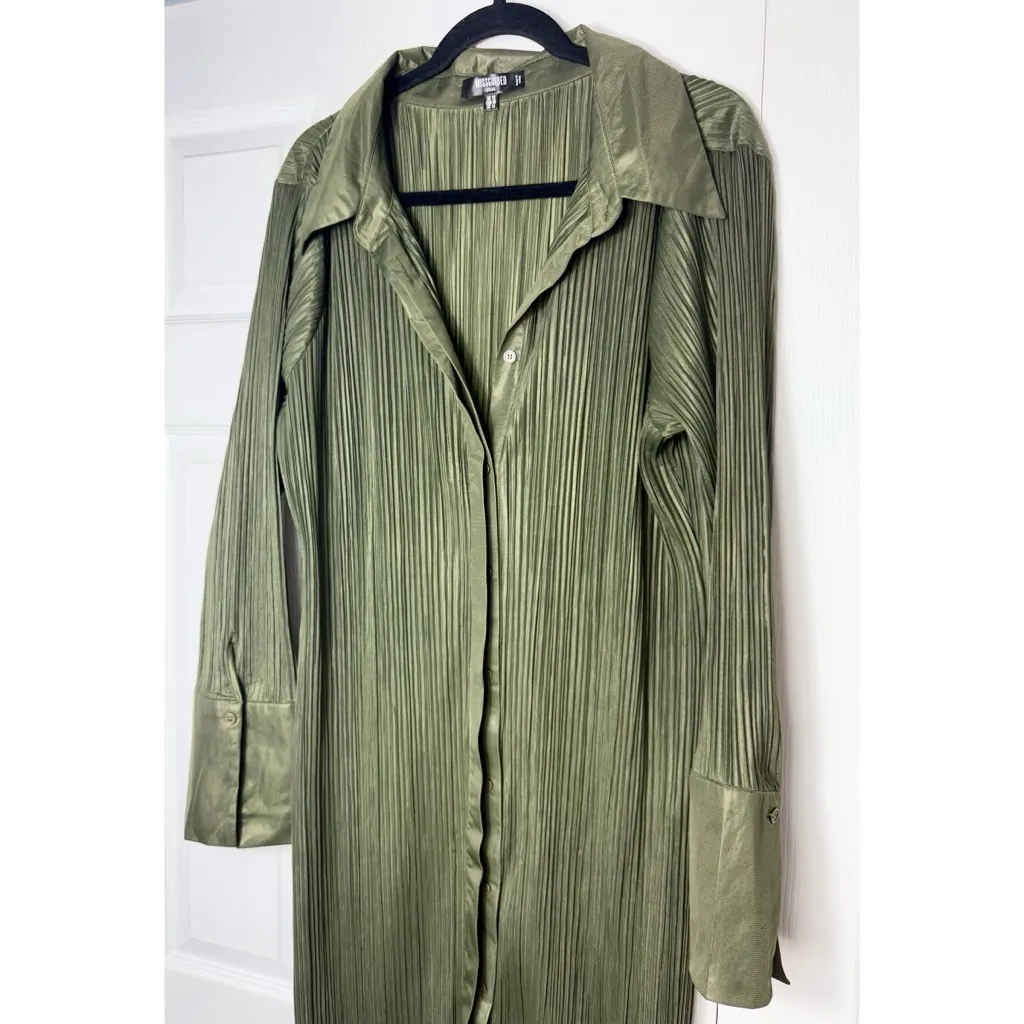 Missguided Olive Green Plissé Button Front Shirt Midi Dress Size 14 XL - Image 3