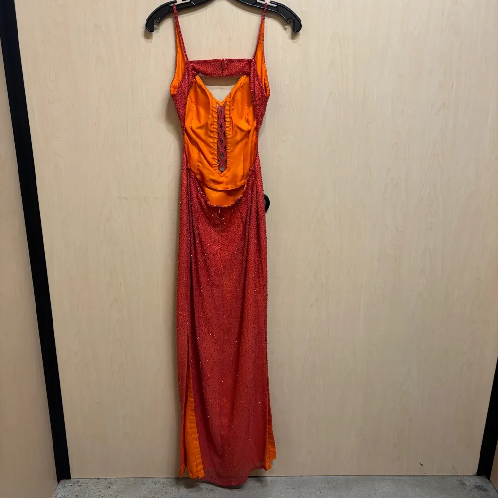SCALA Vintage Orange Beaded Long Formal Prom Dress Backless Y2K 1990 100% Silk Red Size 6 - Image 6