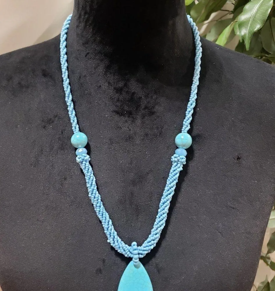 Womens Fashion Layered Beaded Turquoise Stone Big Pearl Shape Pendant Necklace - Image 2