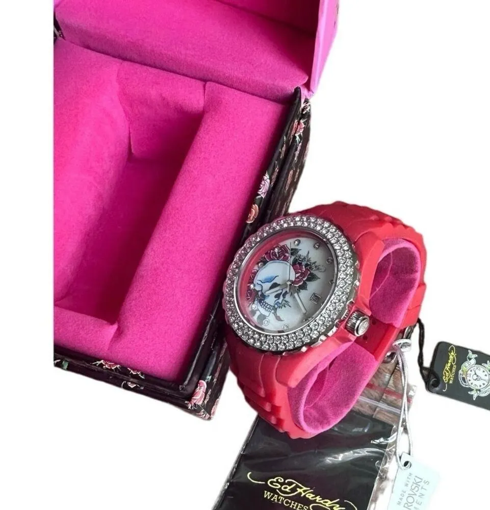 NIB Ed Hardy Love Kills Slowly Watch Swarovski Crystals & Red Pink Band Y2K - Image 13