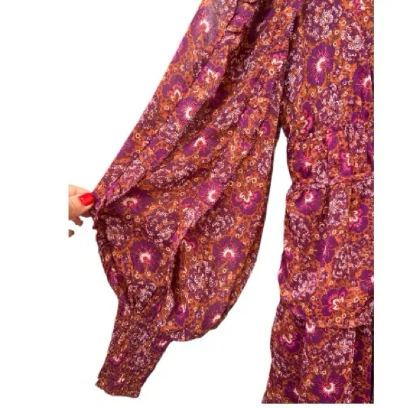 House of Harlow Boho Mini Dress Maroon Orange Floral V Neck Ruffle Tiered Small Size 6 - Image 3