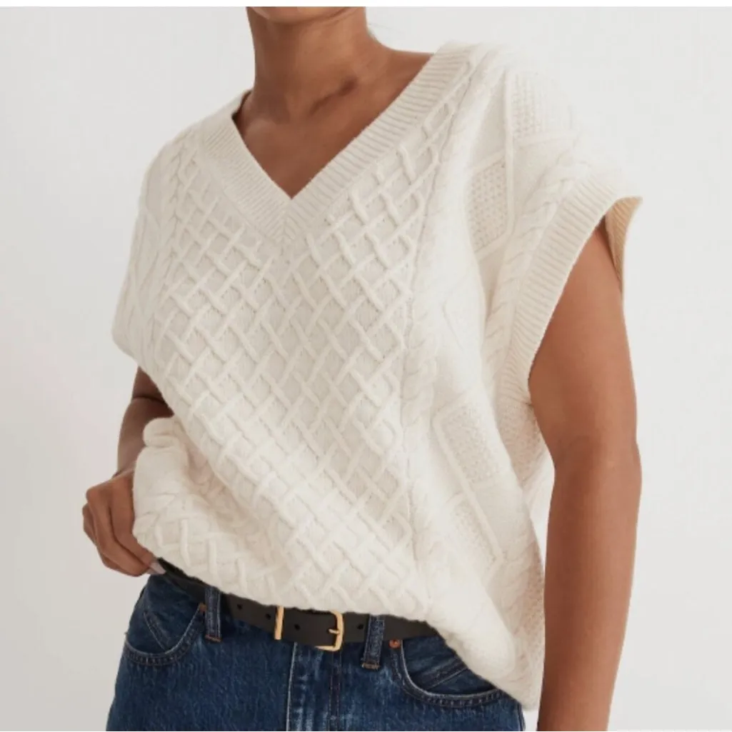 Madewell Women’s Ivory Cable Knit Pullover V-Neck Oversized Vest Size L - Image 2