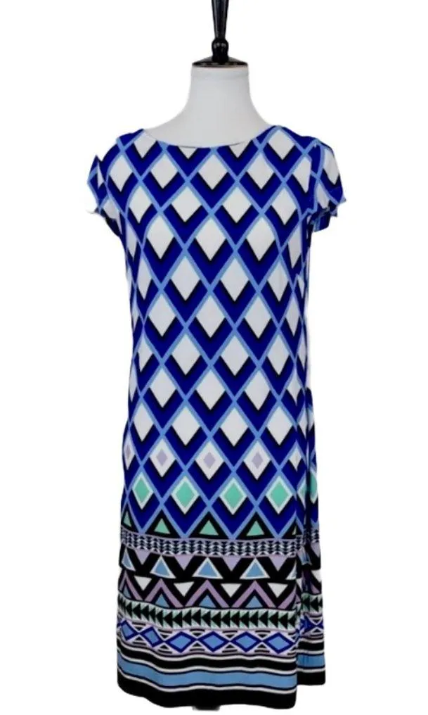 Jessica Howard Women's Shift Dress Cap Sleeve Blue White Geo Print Size Medium - Image 10