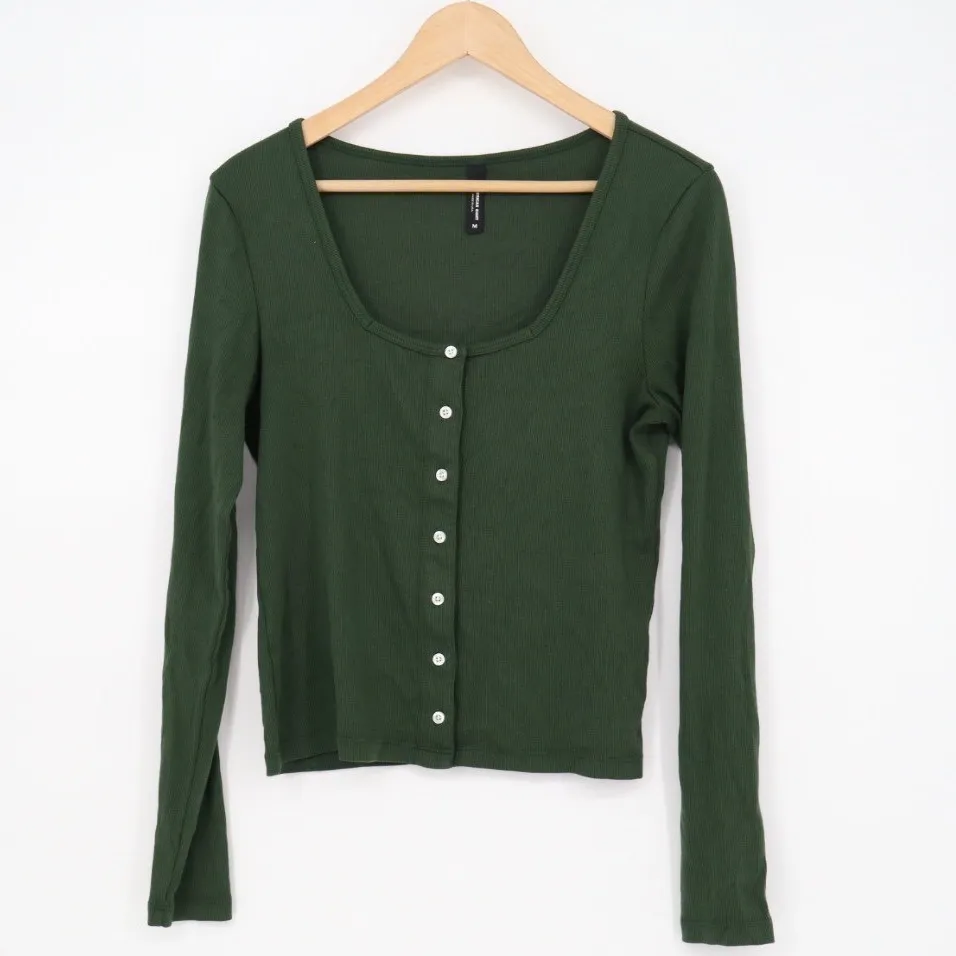 American Giant Ribbed Long Sleeve Button Up Scoop Neck Top Green Size M Size M - Image 2