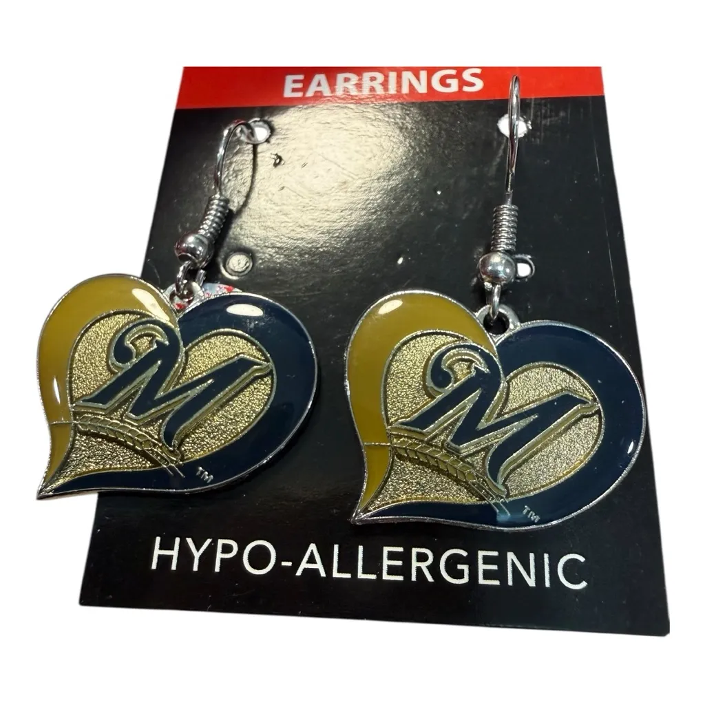 Milwaukee Brewers Heart Dangle Earrings MLB NWT Blue - Image 3