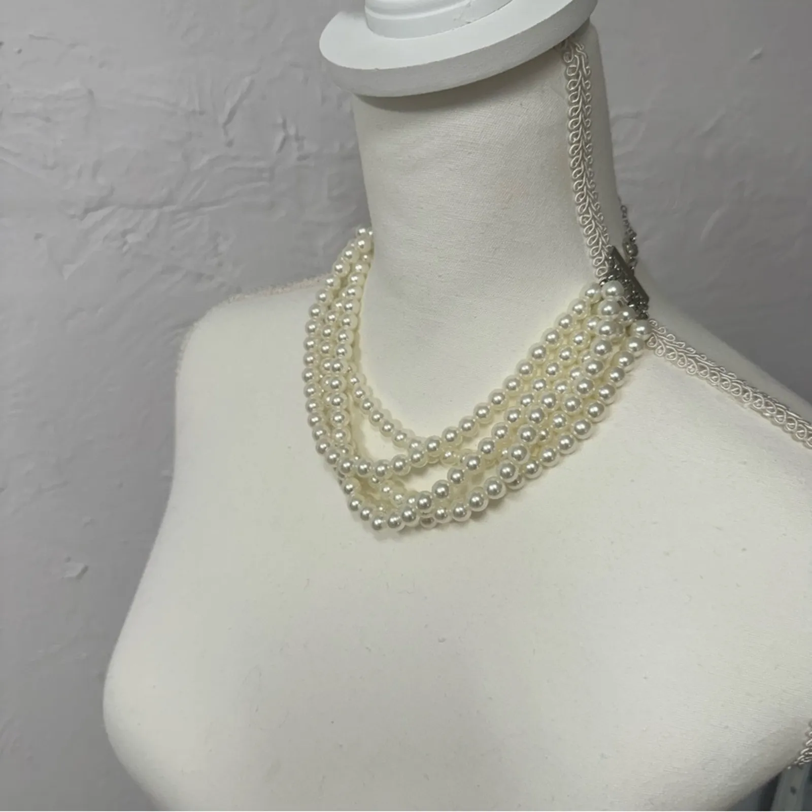 Faux Pearl 4 Strand Necklace Short Stacked Trad Wife Traditional Classic - Image 6