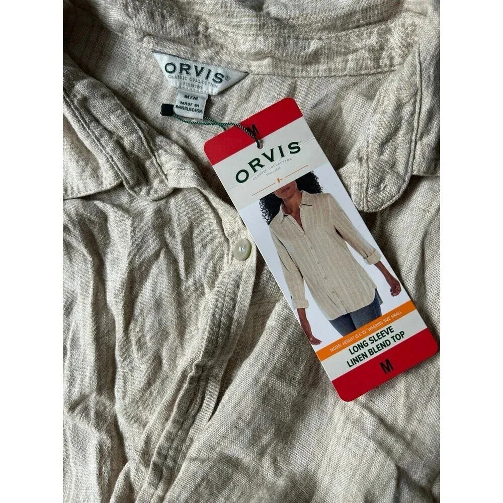 Orvis Womens M Taupe Striped Roll Tab Sleeves Linen Blend Button Up Shirt NWT - Image 3