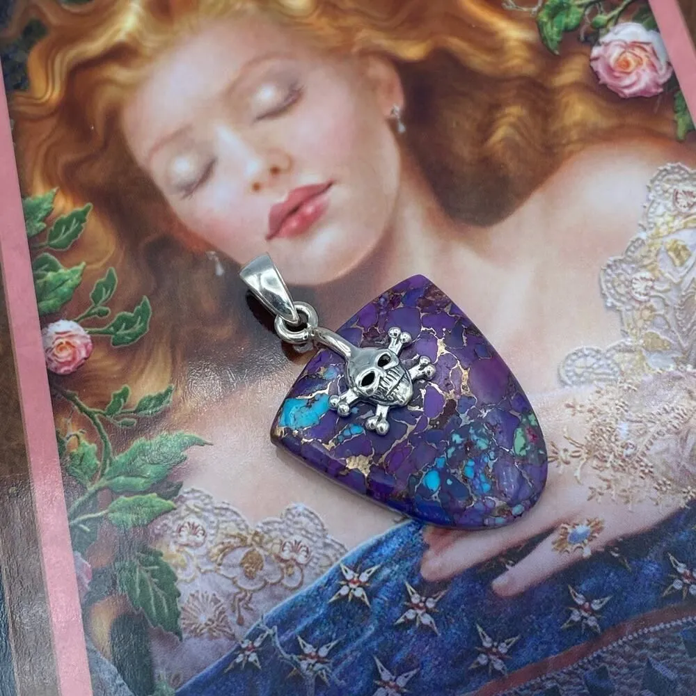 Skull Copper Purple Turquoise Sterling Silver Pendant Purple - Image 4