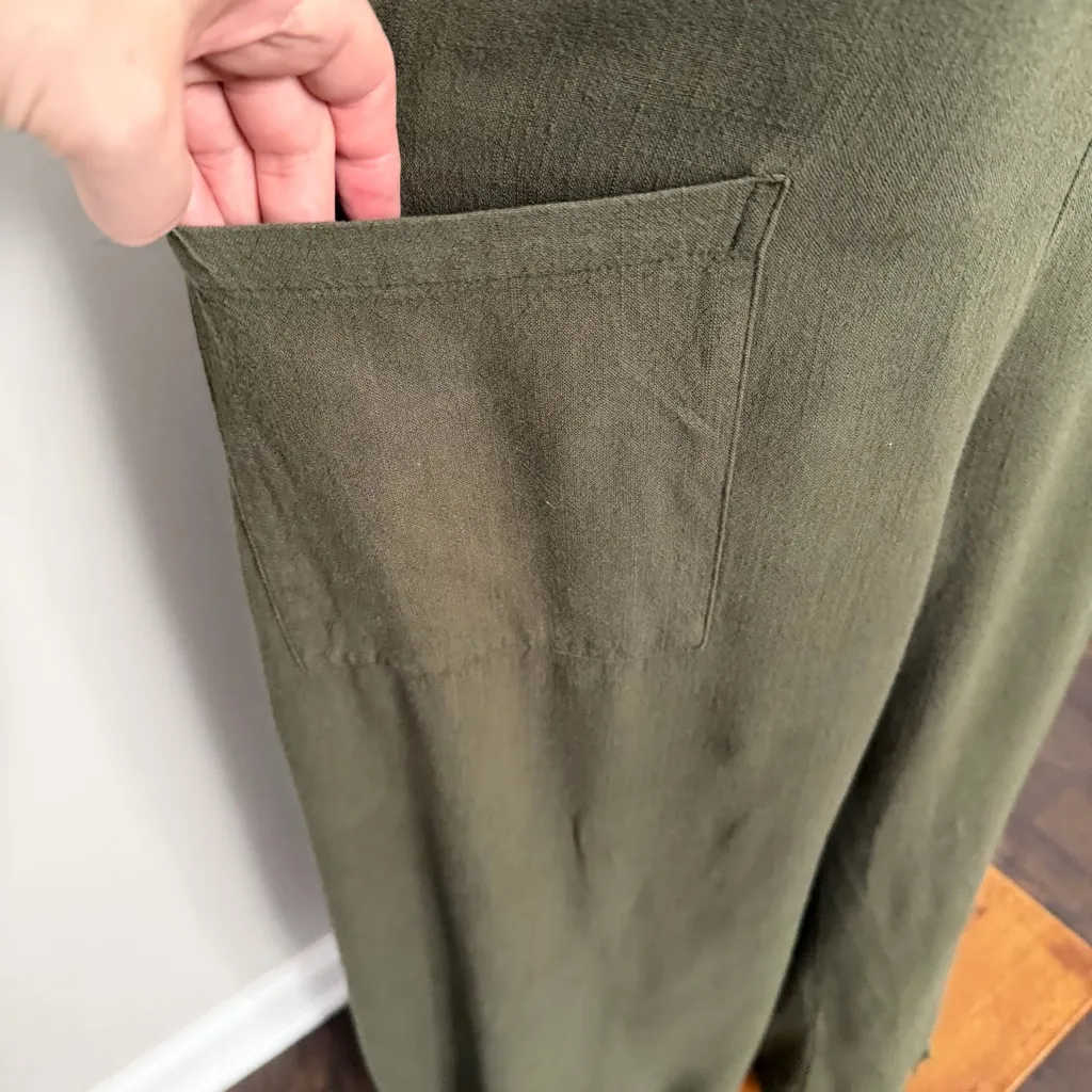 Natural Life Jumpsuit Rayon Linen Baggy Relaxed Raw Hem Travel Beach Olive Green - Image 5