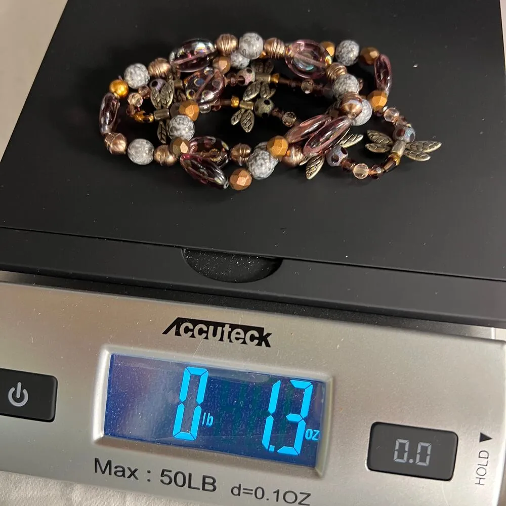 Handmade Beaded Bracelet Trio Purples Browns Dragonfly Metals - Image 6