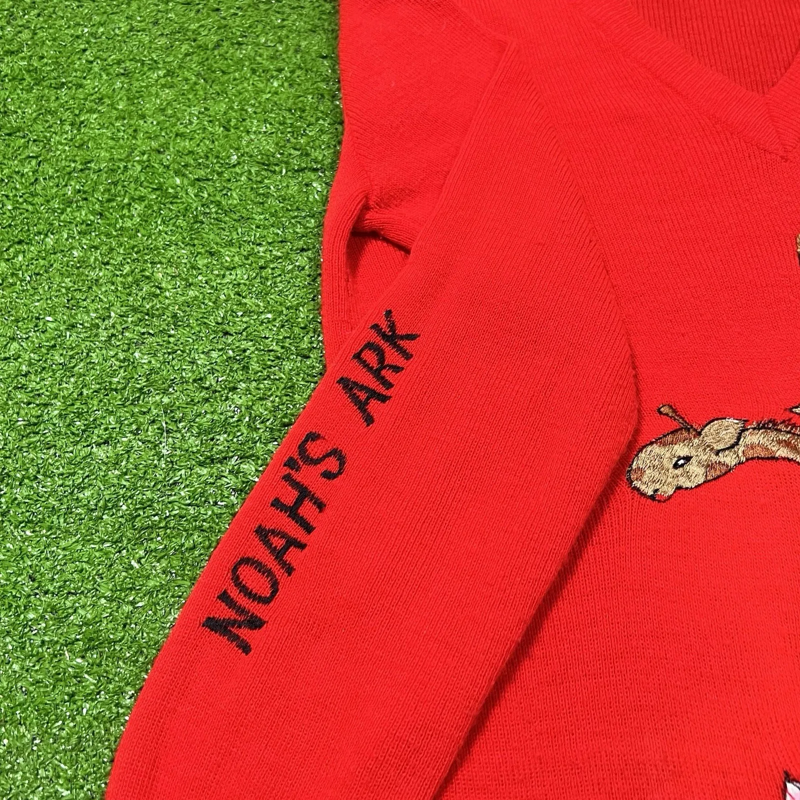 Vintage Knit Sweater Noahs Ark Women M Homemade 80s Christian Religious Pullover - Image 3