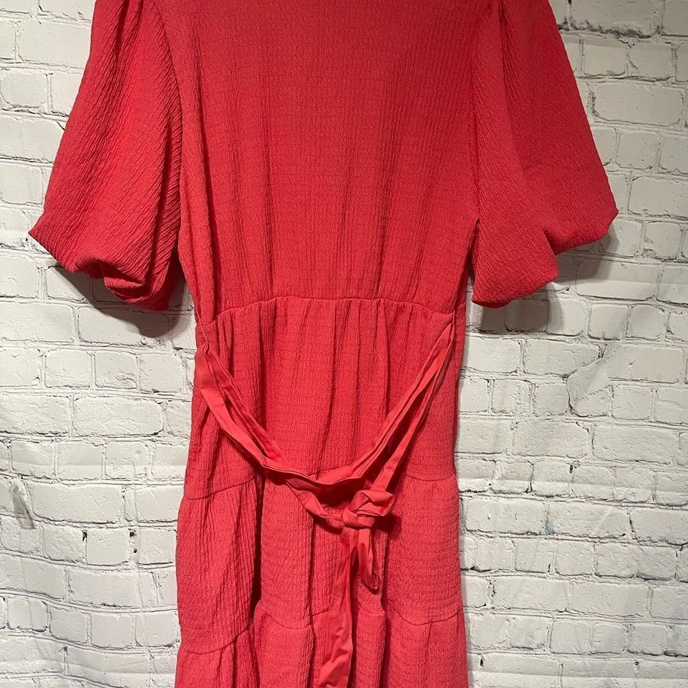 Comfy Breezy V-neck Bubble Sleeve Coral Red Faux Wrap Dress NWOT size Large - Image 6